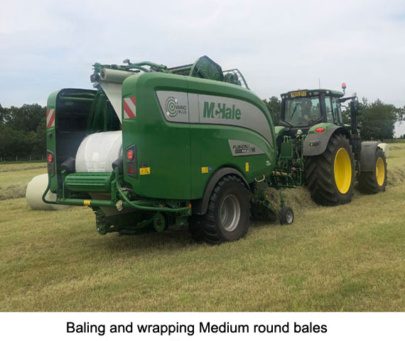 For our cuboid bales, we use a conventional baler which drops them in the field