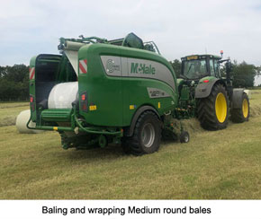For our cuboid bales, we use a conventional baler which drops them in the field